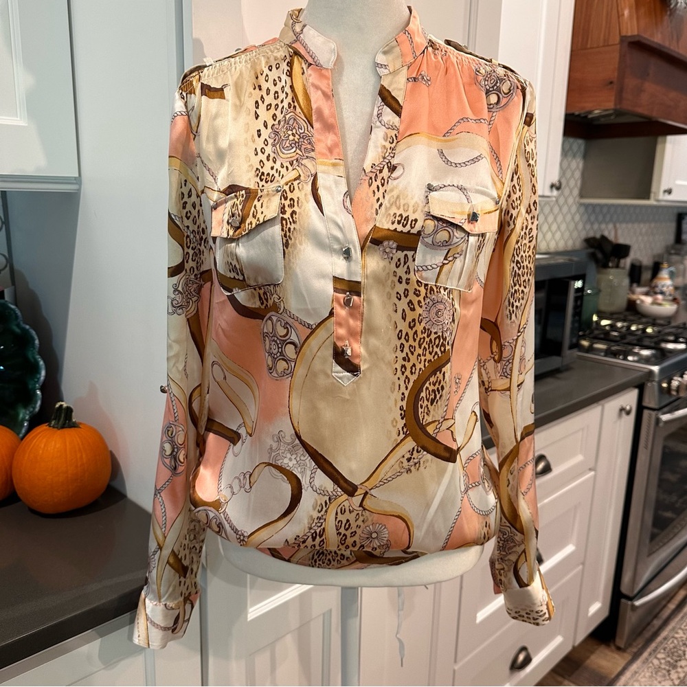 Cache Satin Paisley Silk-Blend Blouse in Peach and Cream